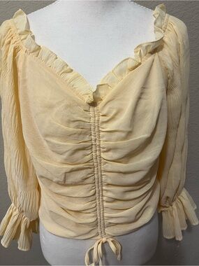 Ruched Butter Yellow Ruffle-Neck Peasant Blouse